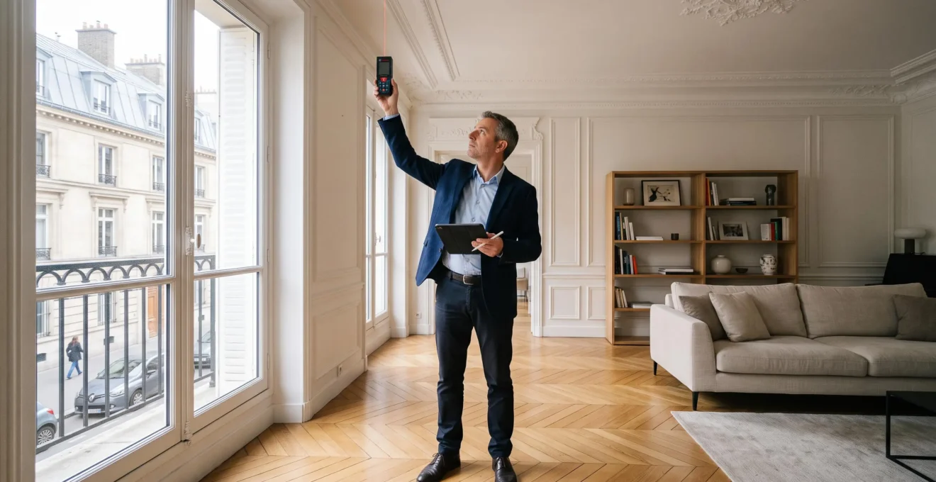 Expert immobilier professionnel mesurant la hauteur sous plafond avec un télémètre laser dans un appartement parisien contemporain, tout en consultant une tablette pour noter ses observations