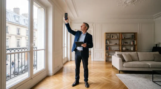 Expert immobilier professionnel mesurant la hauteur sous plafond avec un télémètre laser dans un appartement parisien contemporain, tout en consultant une tablette pour noter ses observations
