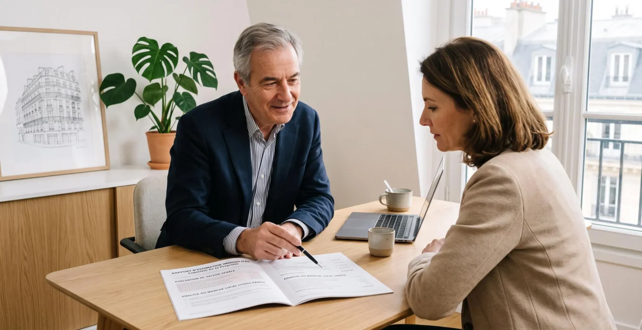 Expert immobilier senior présentant et expliquant un rapport d'expertise à une cliente lors d'un entretien de restitution personnalisé dans un bureau contemporain