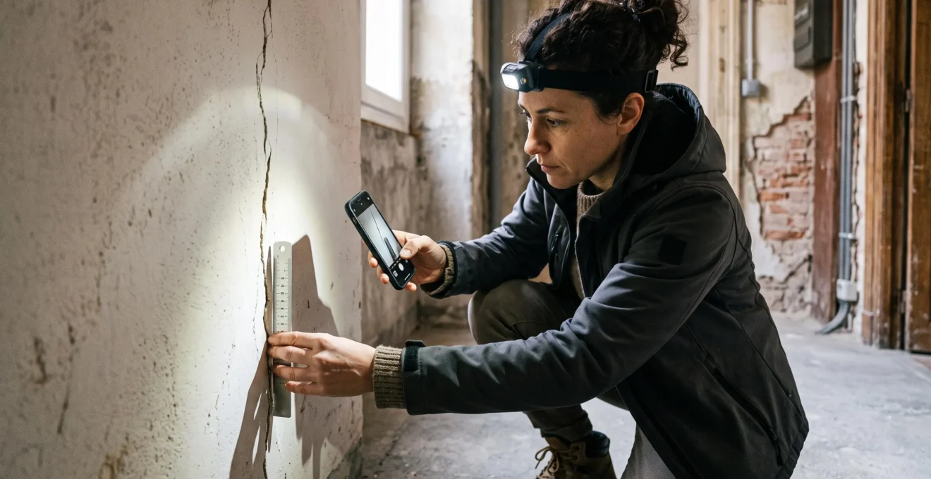 Experte immobilière inspectant et mesurant une fissure structurelle sur un mur intérieur avec un fissuromètre, tout en photographiant le désordre pour documentation